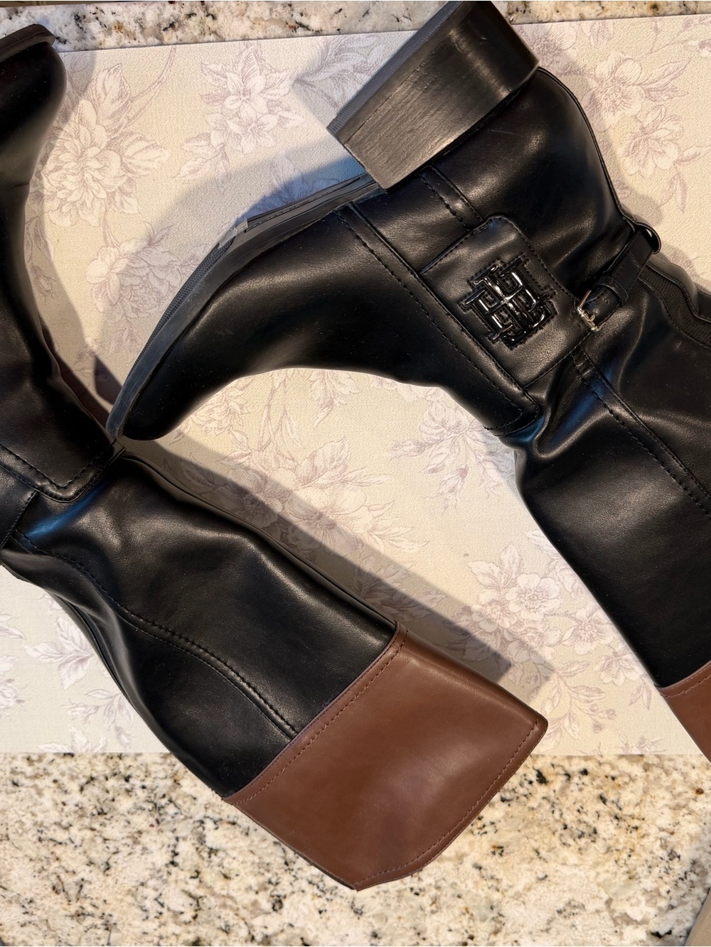 Women’s Tommy Hilfiger black & Brown Leather Merritt Almond toe knee high boots
